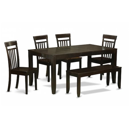East West Furniture 6 Piece Dining Room Table With Bench-Dining Room Table With Leaf and 4 Dining Chairs Plus Bench LYCA6-CAP-W
